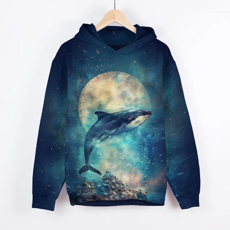Retro Whale In The Moonlight Art Print Long Sleeve Hoodie - Blue - US44-46(8XL) - image 2