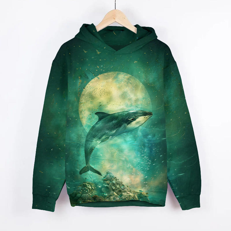 Retro Whale In The Moonlight Art Print Long Sleeve Hoodie - Green - US44-46(8XL) - image 1