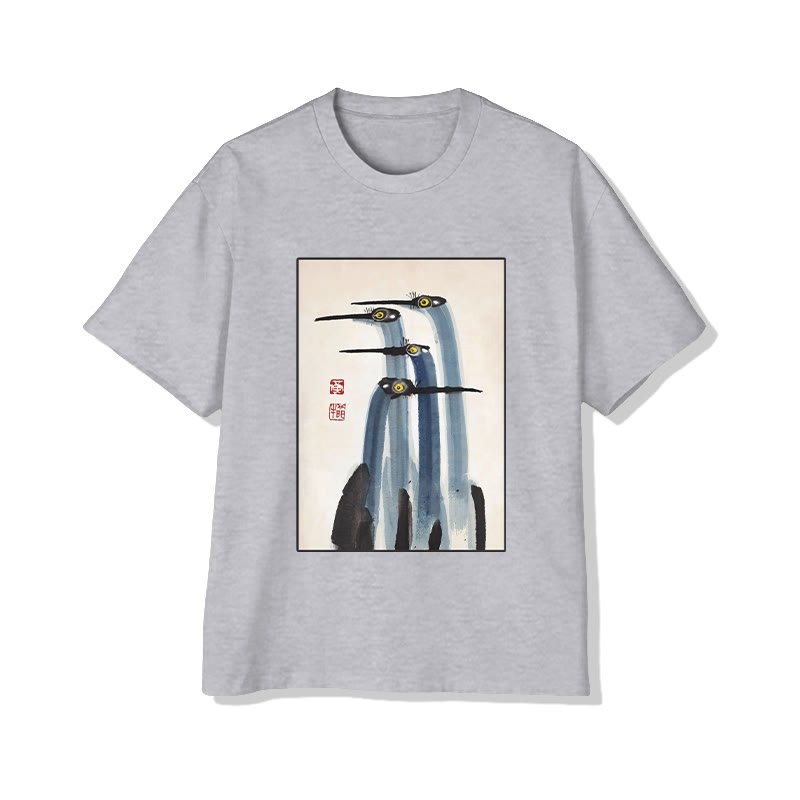Unisex Japanese Art Crane Print Short Sleeved Crew Neck T-shirt - Grey - 2XL - image 2