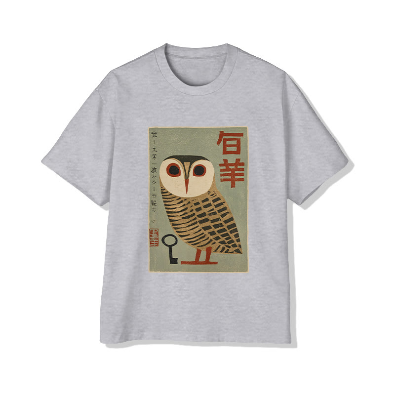 Unisex Japanese Art Owl Print Short Sleeved Crew Neck T-shirt - Grey - 2XL - image 2