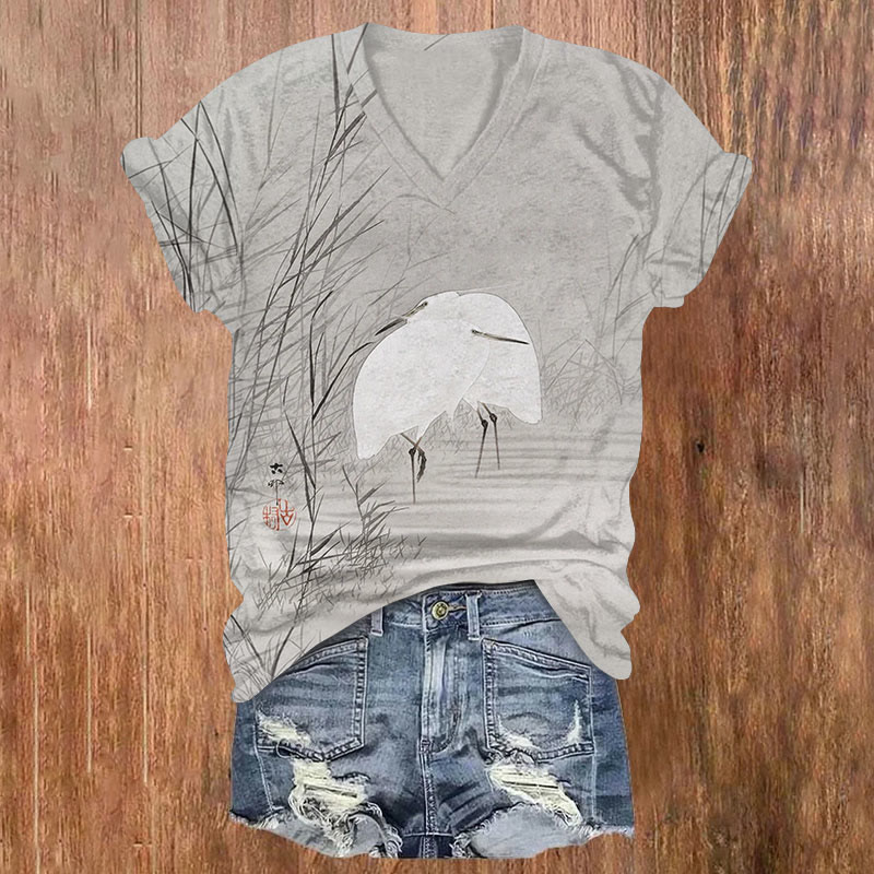 Vintage White Cranes Snuggling Together Print Short Sleeved V-neck T-shirt - Grey - US32-34(5XL) - image 1