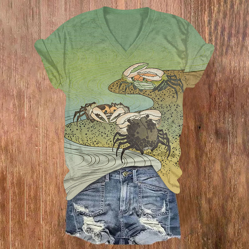 Creative Funny Crab Art Print Short Sleeved V-neck T-shirt - Green - US32-34(5XL) - image 1