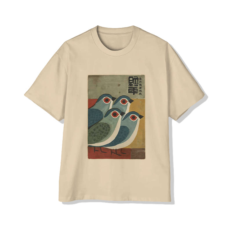 Unisex Vintage Bird Pattern Art Print Short Sleeved Crew Neck T-shirt - Apricot - 2XL - image 2