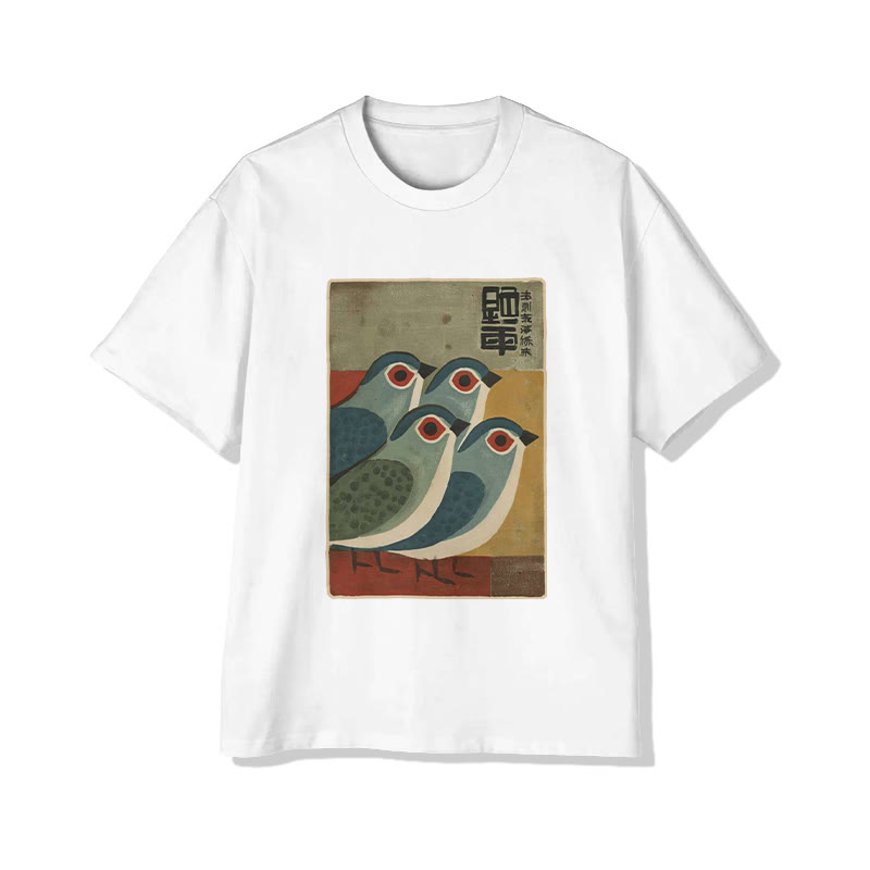 Unisex Vintage Bird Pattern Art Print Short Sleeved Crew Neck T-shirt - White - 2XL - image 1