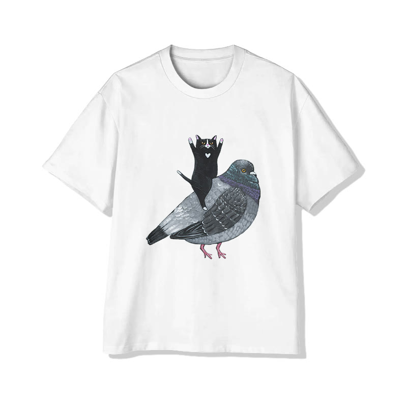 Unisex Funny Black Cat Riding A Bird Print Short Sleeved Crew Neck T-shirt - White - 2XL - image 1