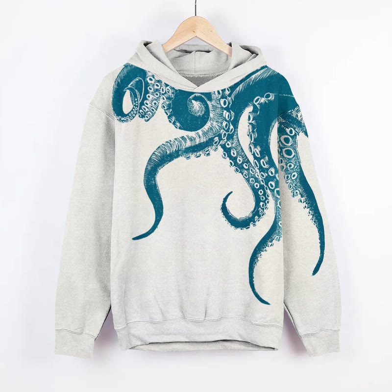 Unisex Japanese Retro Ink Sketch Octopus Print Long Sleeved Hoodie - White - US44-46(8XL) - image 1