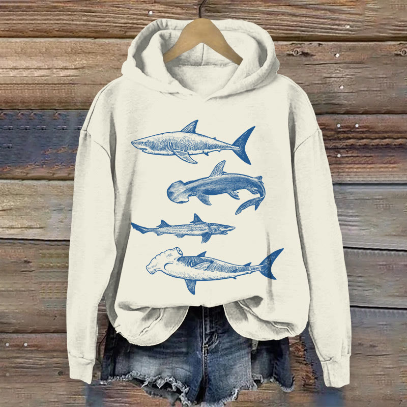 Unisex Marine Fish School Art Sketch Pattern Print Long Sleeved Hoodie - Apricot - US44-46(8XL) - image 2