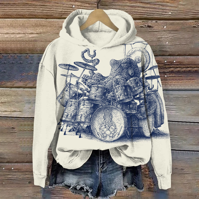 Unisex Sketch Octopus Drummer Art Pattern Print Long Sleeved Hoodie - White - US44-46(8XL) - image 1