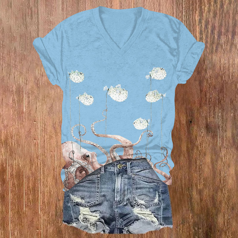 Ocean Art Octopus Diodon Balloon Pattern Print Short Sleeved V-Neck T-Shirt - Sky Blue - US32-34(5XL) - image 2