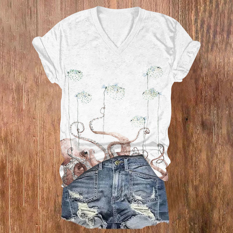 Ocean Art Octopus Diodon Balloon Pattern Print Short Sleeved V-Neck T-Shirt - White - US32-34(5XL) - image 1