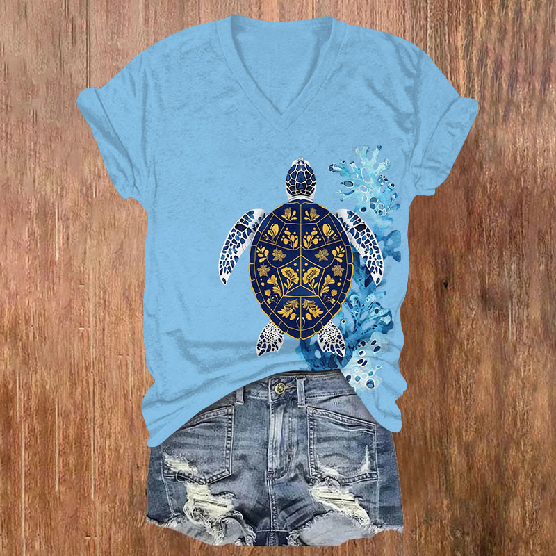 Gold Leaf Turtle Coral Ocean Art  Pattern Print Short Sleeved V-Neck T-Shirt - Sky Blue - US32-34(5XL) - image 2