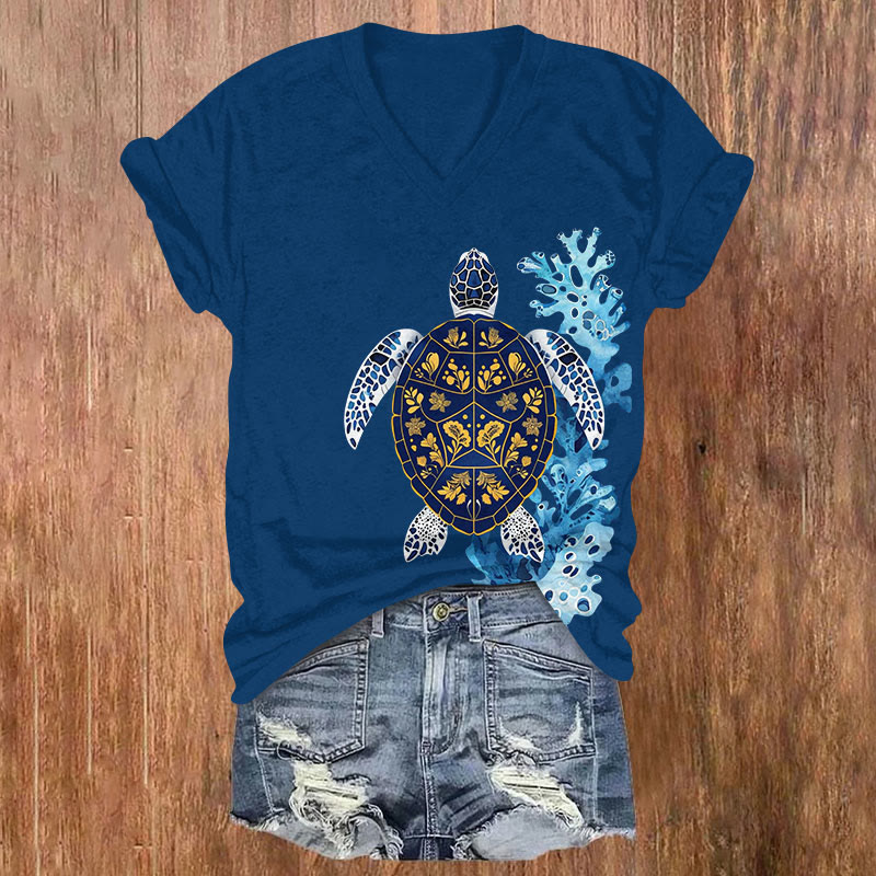 Gold Leaf Turtle Coral Ocean Art  Pattern Print Short Sleeved V-Neck T-Shirt - Navy Blue - US32-34(5XL) - image 1