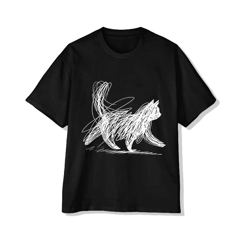 Unisex Black Line Doodle Cat Print Short Sleeved Crew Neck T-shirt - Black - 2XL - image 2