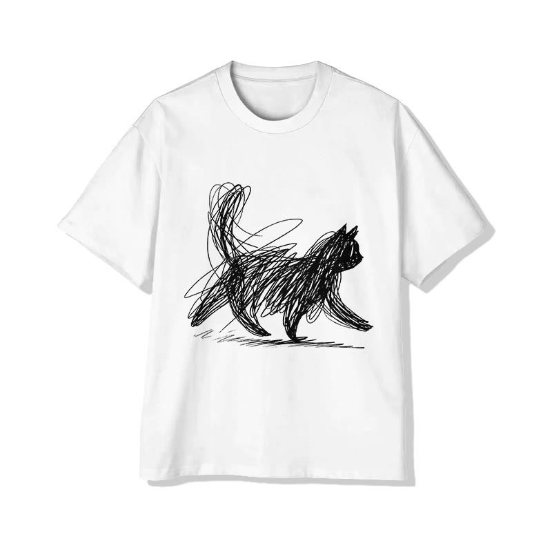 Unisex Black Line Doodle Cat Print Short Sleeved Crew Neck T-shirt - White - 2XL - image 1