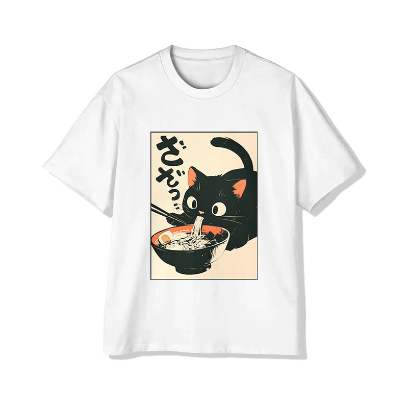Unisex Japanese Cat Eating Ramen Print Short Sleeved Crew Neck T-shirt - White - 2XL - image 2