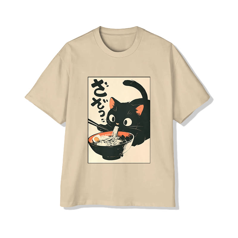 Unisex Japanese Cat Eating Ramen Print Short Sleeved Crew Neck T-shirt - Pink - 2XL - image 1