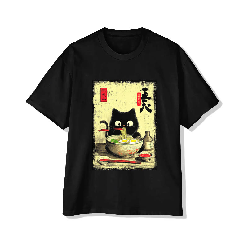 Unisex Japanese Black Kitten Eating Ramen Print Short Sleeved Crew Neck T-shirt - Black - 2XL - image 2
