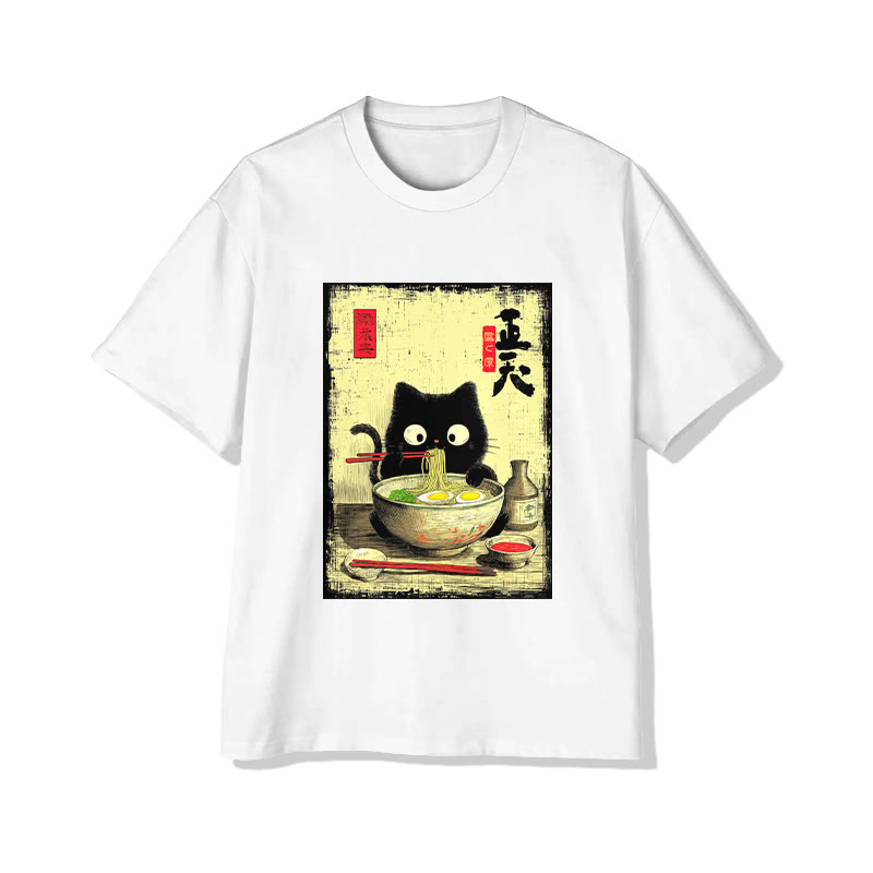 Unisex Japanese Black Kitten Eating Ramen Print Short Sleeved Crew Neck T-shirt - White - 2XL - image 1