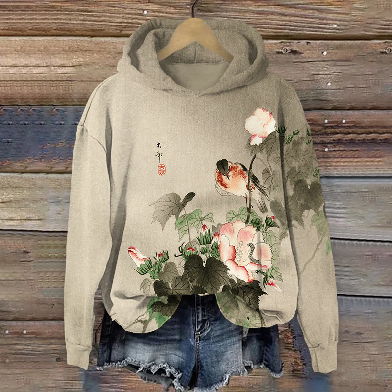 Japanese-style Floral And Bird Art Print Long Sleeved Hoodie - Grey - US44-46(8XL) - image 1