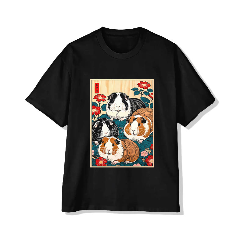 Unisex Japanese-style Guinea Pig Pattern Print Short Sleeved Crew Neck T-shirt - Black - 2XL - image 2