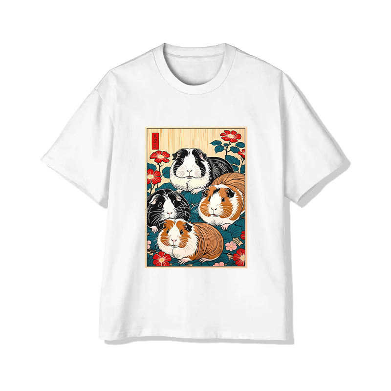 Unisex Japanese-style Guinea Pig Pattern Print Short Sleeved Crew Neck T-shirt - White - 2XL - image 1