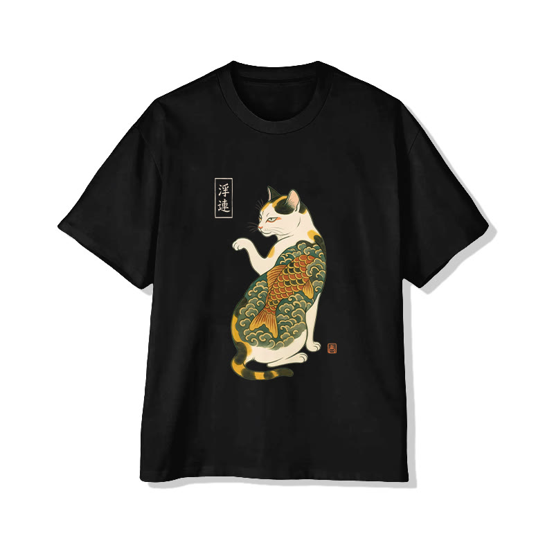 Unisex Japanese Koi Tattoo Maneki-neko Print Short Sleeved Crew Neck T-shirt - Black - 2XL - image 2