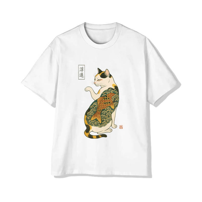 Unisex Japanese Koi Tattoo Maneki-neko Print Short Sleeved Crew Neck T-shirt - White - 2XL - image 1