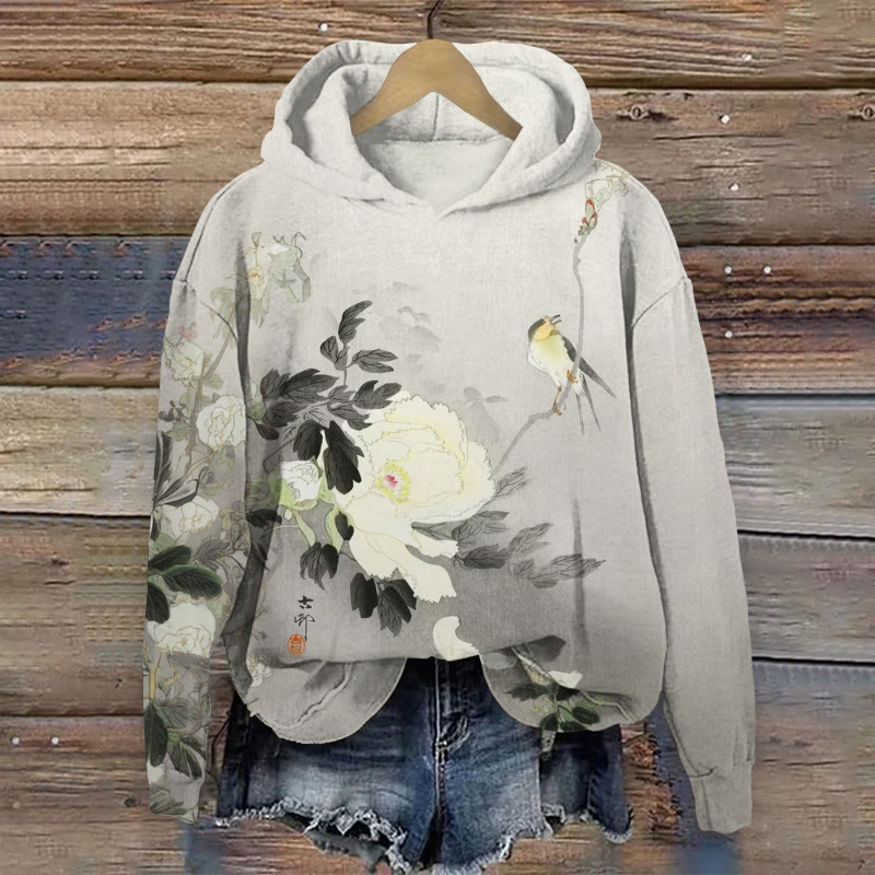 Vintage Blossom & Bird Print Long Sleeved Hoodie - Light Gray - US44-46(8XL) - image 1