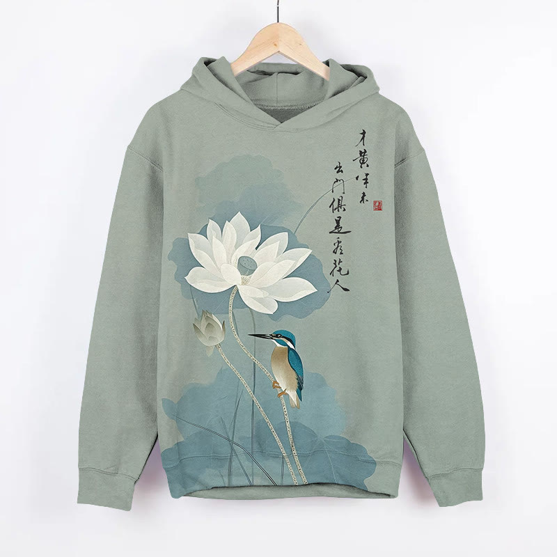 Vintage White Lotus Blossom & Bird Art Print Long Sleeve Hoodie - image 2