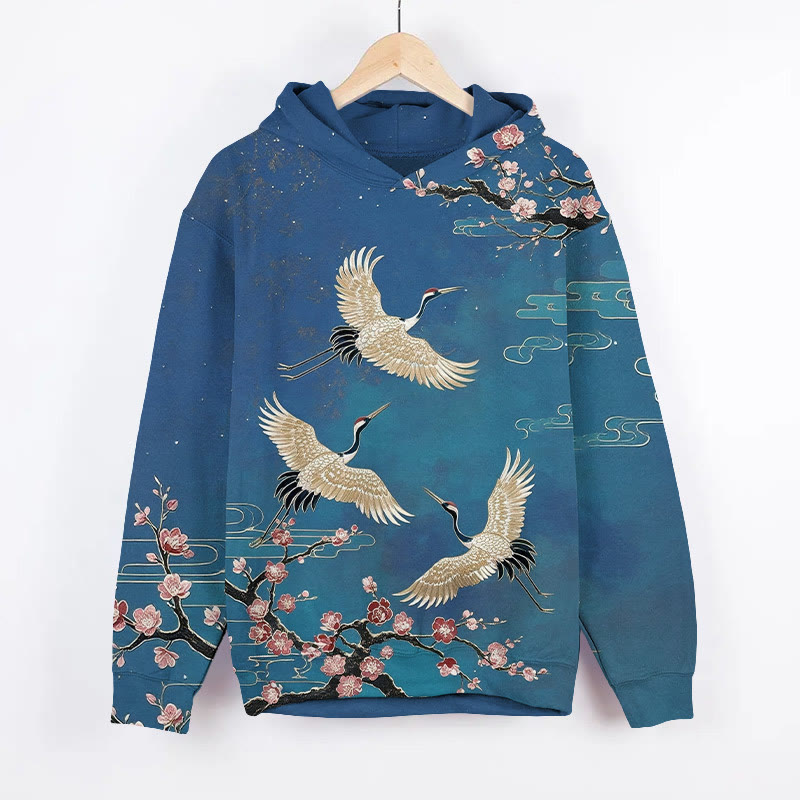  Japanese Vintage Sakura & Flying White Cranes Art Print Long Sleeve Hoodie - image 2