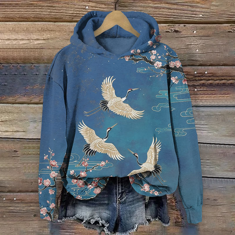  Japanese Vintage Sakura & Flying White Cranes Art Print Long Sleeve Hoodie - Blue - US44-46(8XL) - image 1