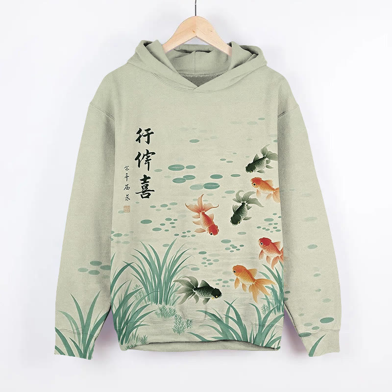  Japanese Watercolor Goldfish Pond Art Print Long Sleeve Hoodie - Green - US44-46(8XL) - image 2