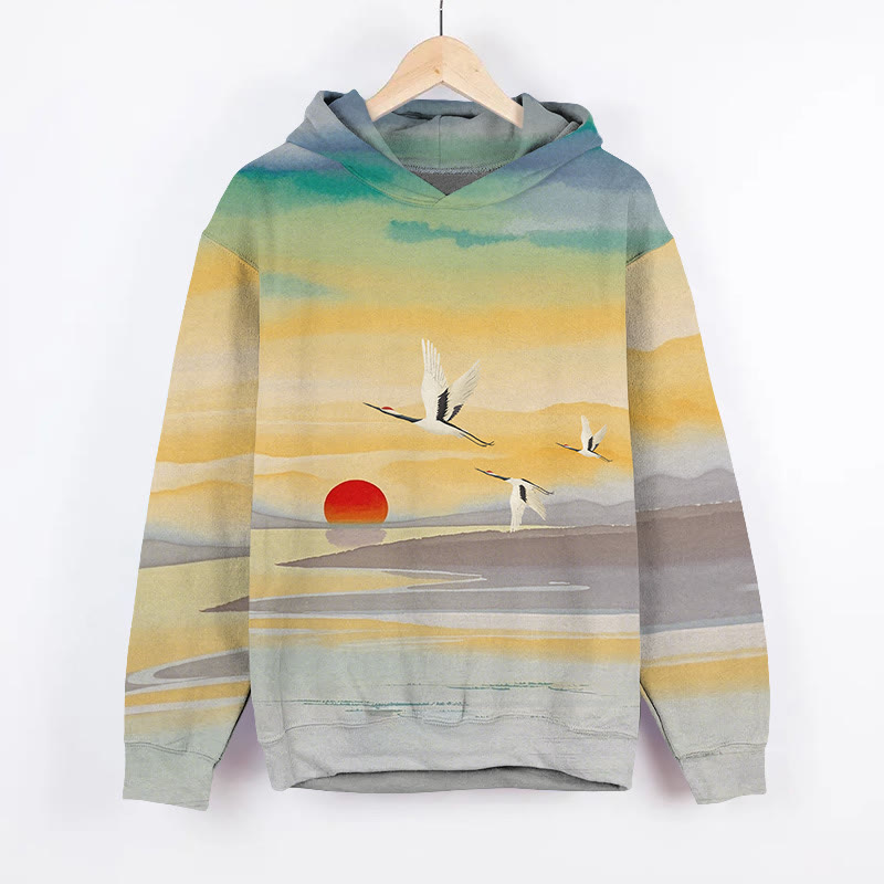 Japanese Retro Sunset Flying White Cranes Art Print Long Sleeve Hoodie - Yellow - US44-46(8XL) - image 1