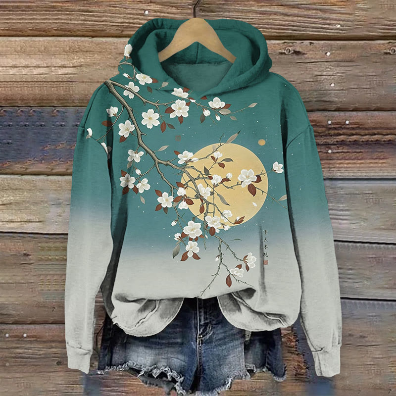 Japanese White Sakura Full Moon Art Print Long Sleeve Hoodie - Green - US44-46(8XL) - image 3