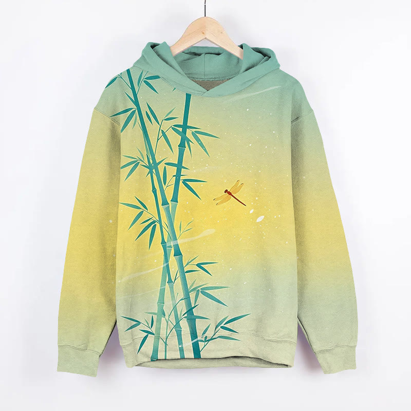 Watercolor Bamboo & Dragonfly Art Print Long Sleeve Hoodie - Green - US44-46(8XL) - image 2