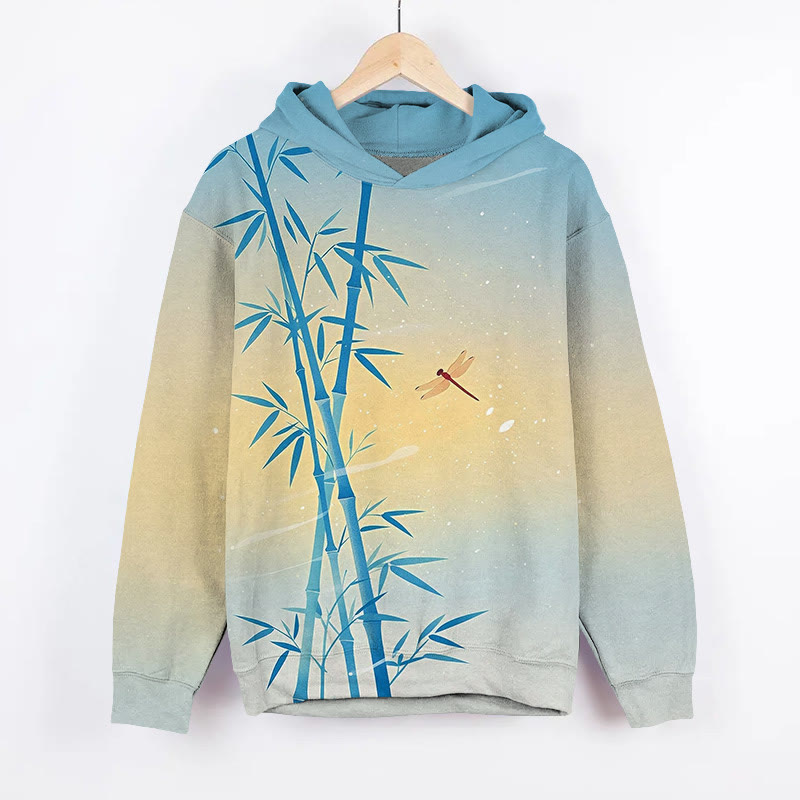 Watercolor Bamboo & Dragonfly Art Print Long Sleeve Hoodie - Blue - US44-46(8XL) - image 1