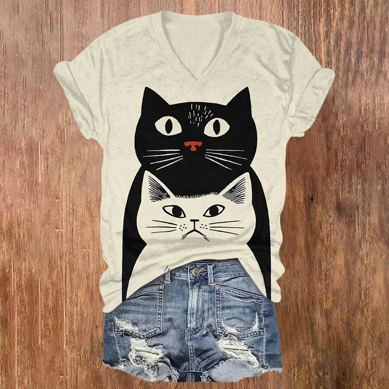 Cute Cats Cartoon Pattern Art Print Short Sleeved V-Neck T-Shirt - Apricot - US32-34(5XL) - image 1