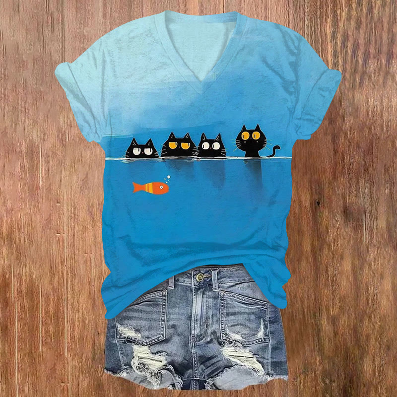 Black Cats Fish Cartoon Pattern Art Print Short Sleeved V-Neck T-Shirt - Sky Blue - US32-34(5XL) - image 1