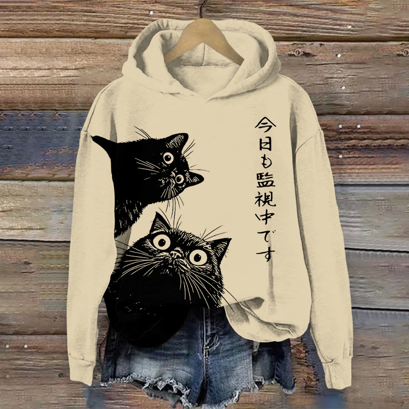 Unisex Cute Black Cats Cartoon Pattern Art Print Long Sleeved Hoodie - Apricot - US44-46(8XL) - image 2