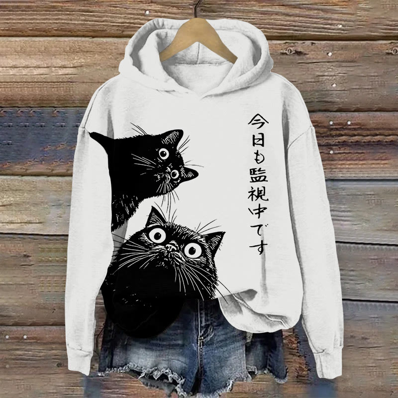 Unisex Cute Black Cats Cartoon Pattern Art Print Long Sleeved Hoodie - White - US44-46(8XL) - image 1