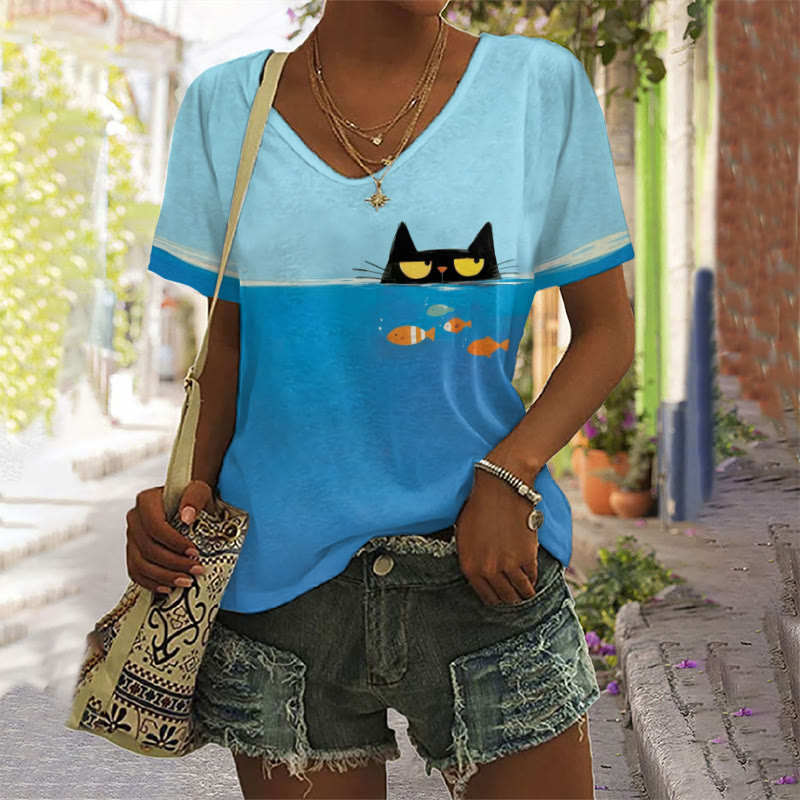 Black Cat And Fish Pattern Art Print v-neck T-Shirt - Light Blue - 5XL - image 1