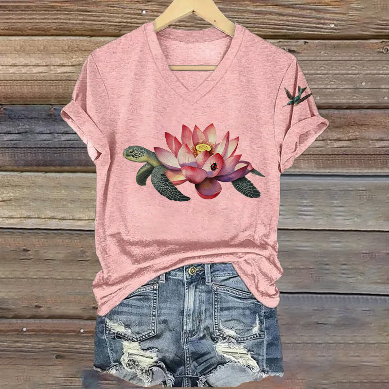 Japanese Zen-Inspired Lotus Turtle Hummingbird Pattern Art Print Short Sleeved V-Neck T-Shirt - Pink - US32-34(5XL) - image 2