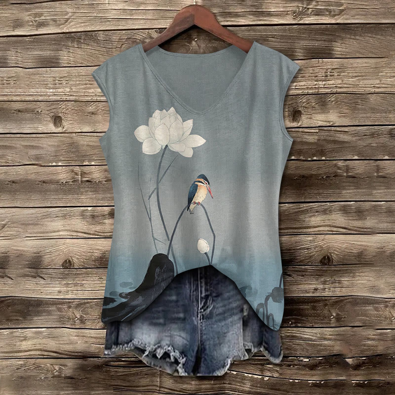Vintage Birds And Flowers Print V-neck Tank Top - Grey - 5XL - image 1