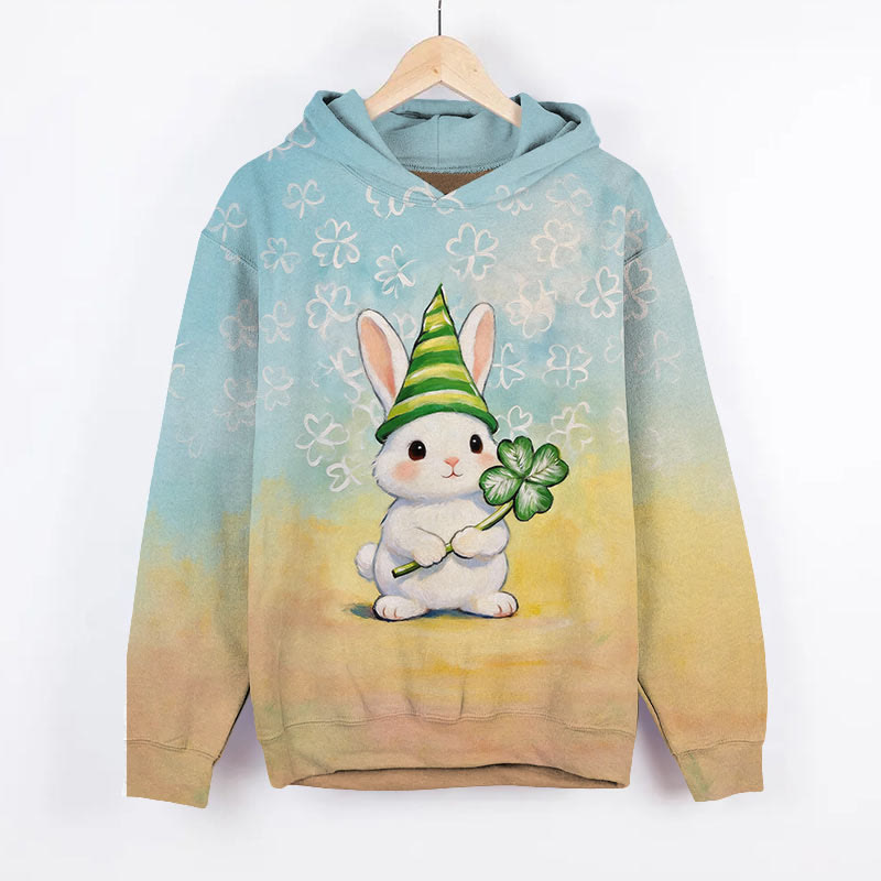 St. Patrick's Day Wizard Hat Bunny Art Print Long Sleeve Hoodie - Blue - US44-46(8XL) - image 1