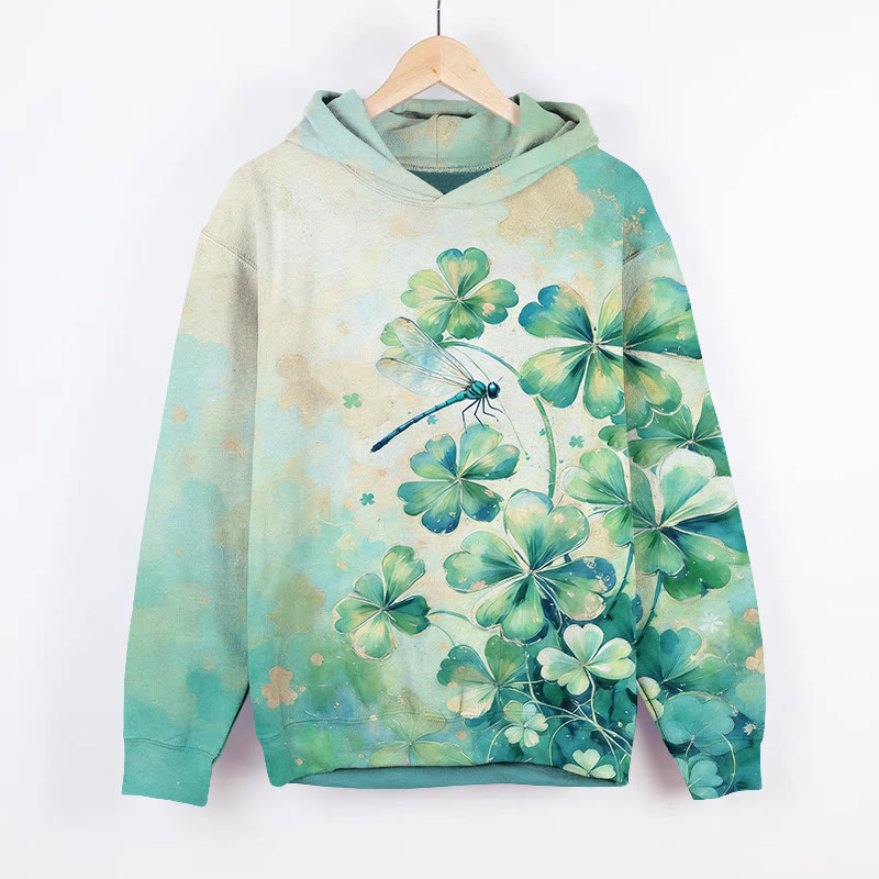 St. Patrick's Day Watercolor Four-leaf Clover & Dragonfly Art Print Long Sleeve Hoodie - Blue - US44-46(8XL) - image 2