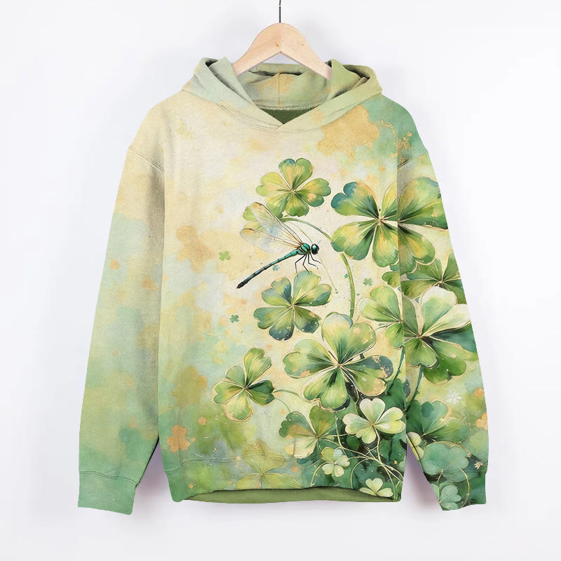 St. Patrick's Day Watercolor Four-leaf Clover & Dragonfly Art Print Long Sleeve Hoodie - Green - US44-46(8XL) - image 1