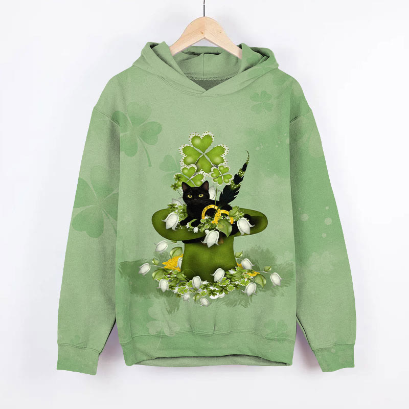St. Patrick's Day Black Cat In Four-leaf Clover Hat Art Print Long Sleeve Hoodie - Green - US44-46(8XL) - image 2