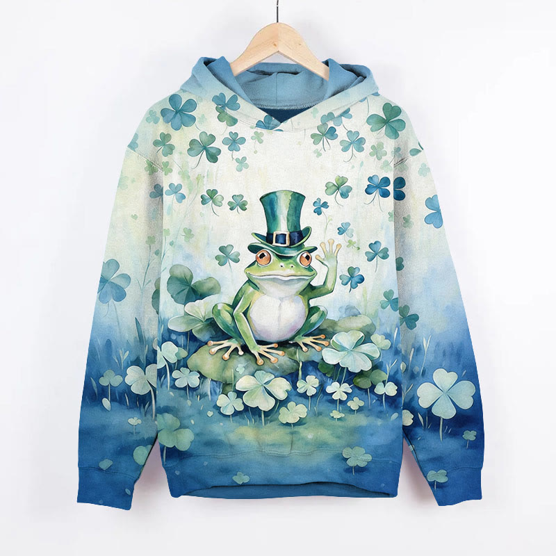 St. Patrick's Day Clover Frog With Hat Art Print Long Sleeve Hoodie - Blue - US44-46(8XL) - image 2