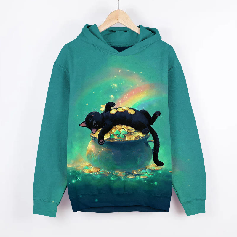 St. Patrick's Day Rainbow Cat Lying On Gold Coins Jar Art Print Long Sleeve Hoodie - Blue - US44-46(8XL) - image 2