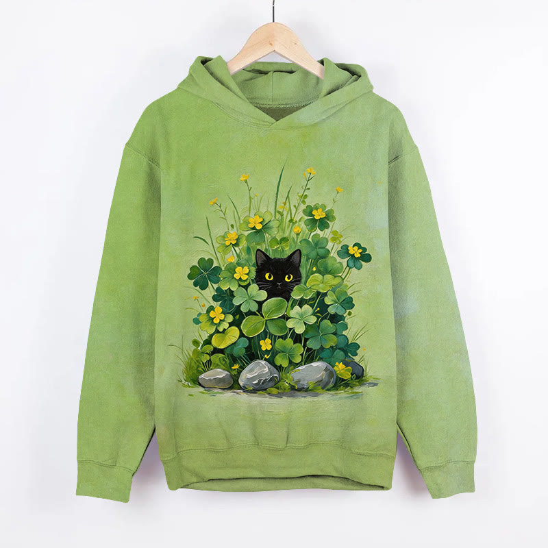 St. Patrick's Day Cat Hiding In Clover Flowers Art Print Long Sleeve Hoodie - Green - US44-46(8XL) - image 2
